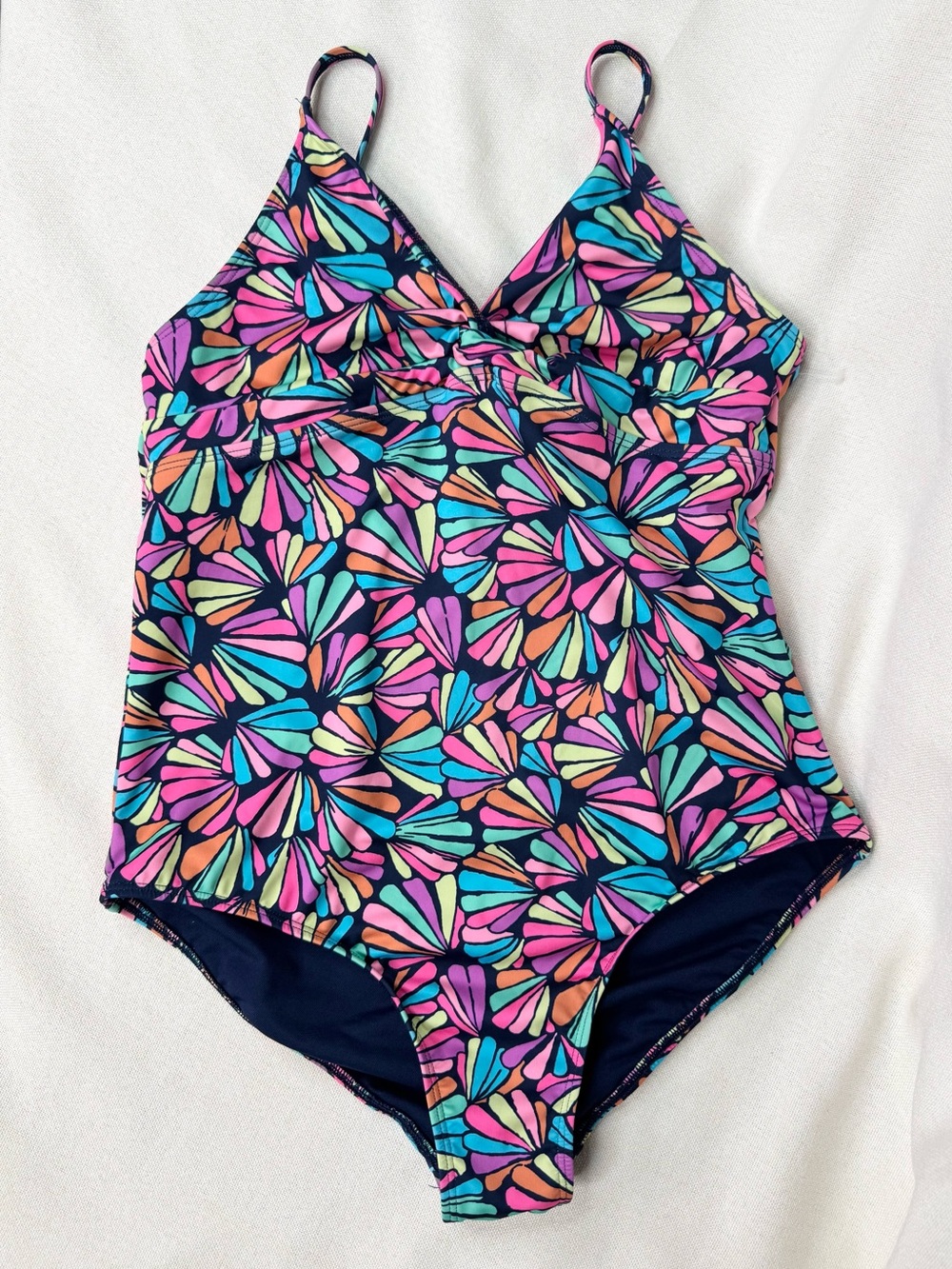 Lands' End Girls XL 14-16 One Piece Swimsuit Crossback Fan Print Navy